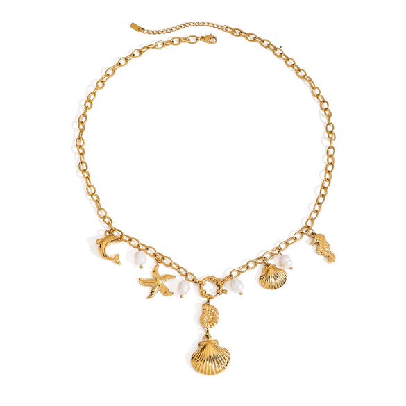 Stainless Steel Pearl Ocean Wind Dolphin Seahorse Hammer Starfish Geometric Necklace With Electroplating For Women