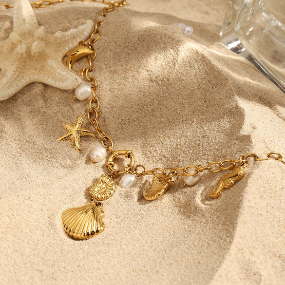 Stainless Steel Pearl Ocean Wind Dolphin Seahorse Hammer Starfish Geometric Necklace With Electroplating For Women