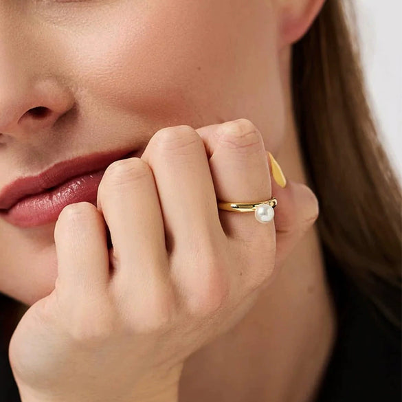 Stainless Steel Pearl Ring Geometric Style Electroplated Women's Hand Jewelry