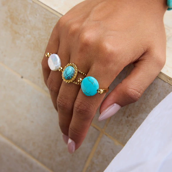 Stainless Steel Pearl Ring 18K Gold Plated Geometric French Retro Light Luxury Niche Jewelry