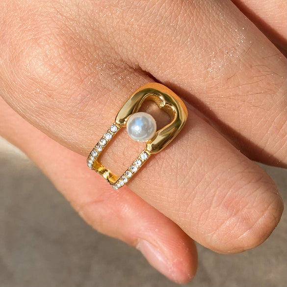 Stainless Steel Pearl Ring With White Diamond Inlaid Geometric Style 18K Gold Electroplated Jewelry