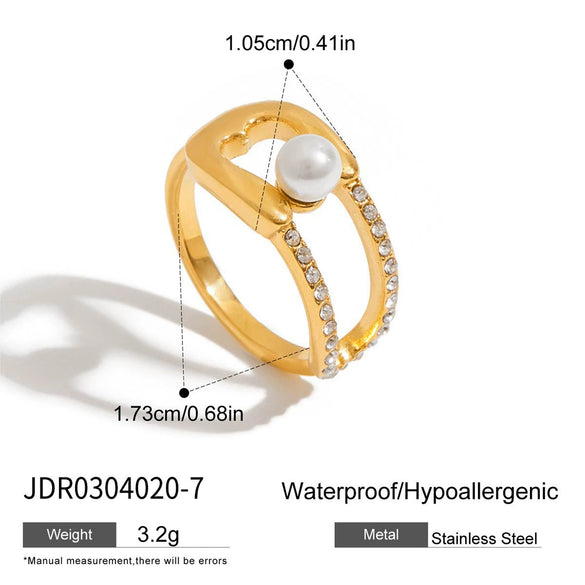 Stainless Steel Pearl Ring With White Diamond Inlaid Geometric Style 18K Gold Electroplated Jewelry