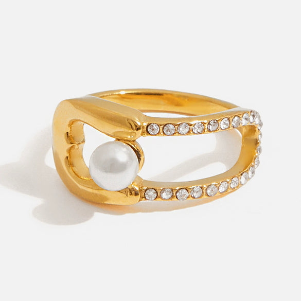 Stainless Steel Pearl Ring With White Diamond Inlaid Geometric Style 18K Gold Electroplated Jewelry