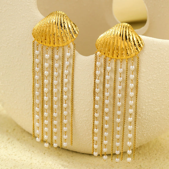 Stainless Steel Pearl Tassel Earrings Electroplating Fashionable Allmatch Light Luxury Highend Women's