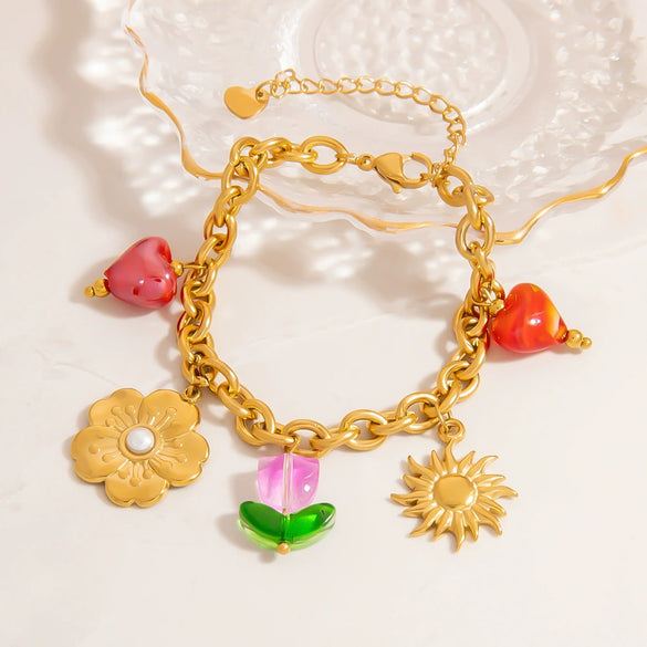 Stainless Steel Pearl Women's Bracelet With Oildrip Flower Pendant Fruit Pattern Electroplating Jewelry