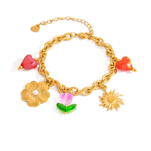 Stainless Steel Pearl Women's Bracelet With Oildrip Flower Pendant Fruit Pattern Electroplating Jewelry