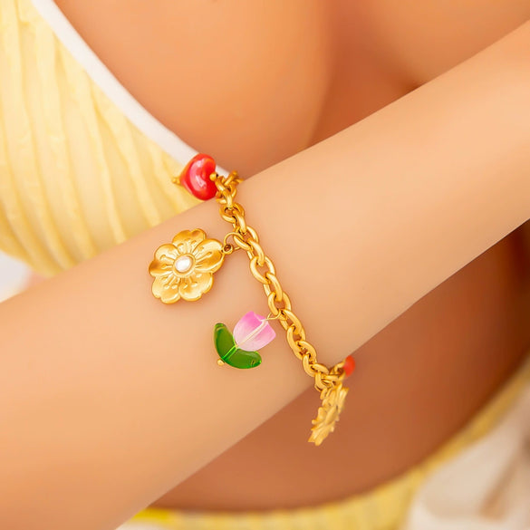 Stainless Steel Pearl Women's Bracelet With Oildrip Flower Pendant Fruit Pattern Electroplating Jewelry