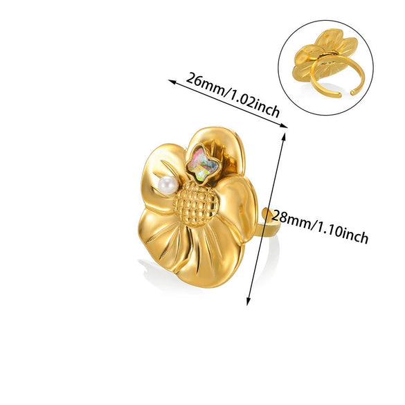 Stainless Steel Pearl Zircon Geometric Hollow Opening Ring For Women Electroplated