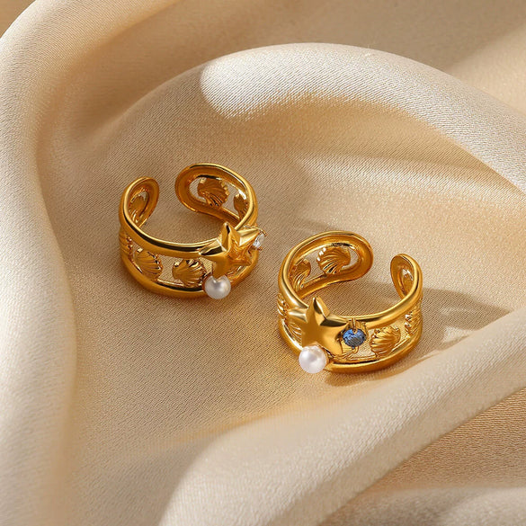 Stainless Steel Pearl Zircon Geometric Hollow Opening Ring For Women Electroplated