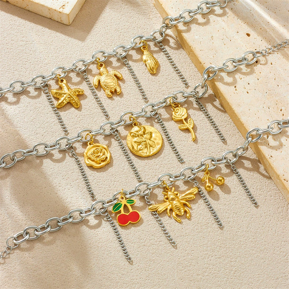 Stainless Steel Pendant Bracelet With Animal Zodiac And Flower Patterns Electroplated For Women
