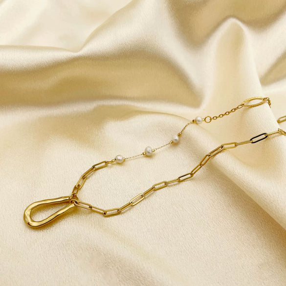 Stainless Steel Pendant Fashion Clavicle Chain Jewelry With Freshwater Pearl And 14K Gold Plated Electroplating