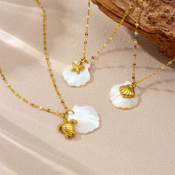Stainless Steel Pendant Necklace Beach Ocean Style Gold Plated With Starfish Conch Shell Turtle Animal Zodiac Design