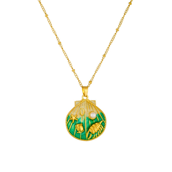 Stainless Steel Pendant Necklace With Cute Cartoon Gradient Oil Drop Multicolor Shell Marine Life Animal Zodiac Pattern And Inlaid With Gold Design