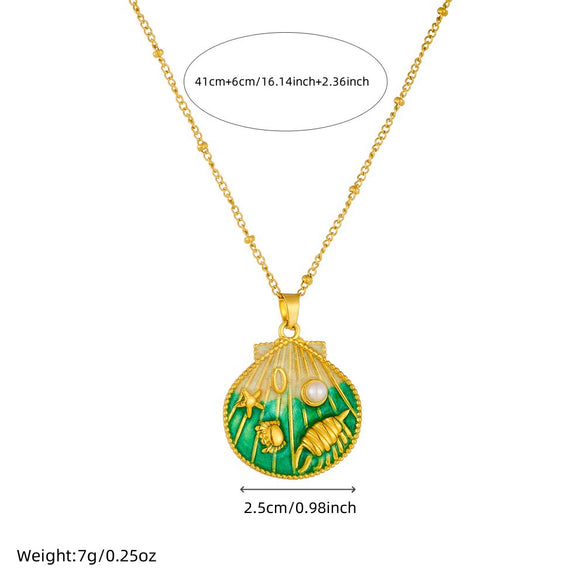 Stainless Steel Pendant Necklace With Cute Cartoon Gradient Oil Drop Multicolor Shell Marine Life Animal Zodiac Pattern And Inlaid With Gold Design