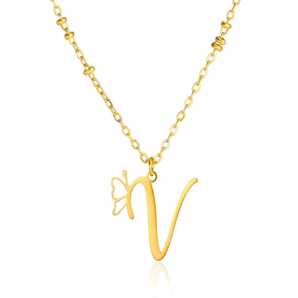 Stainless Steel Pendant Necklace With English Letters And Butterfly Design Electroplated For Women Wholesale