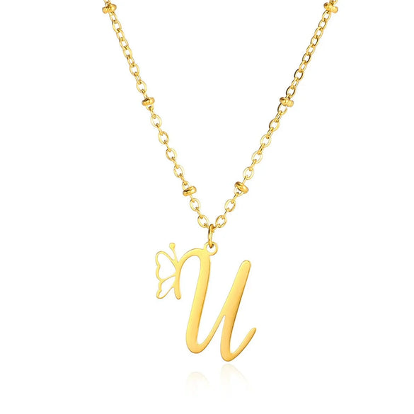 Stainless Steel Pendant Necklace With English Letters And Butterfly Design Electroplated For Women Wholesale
