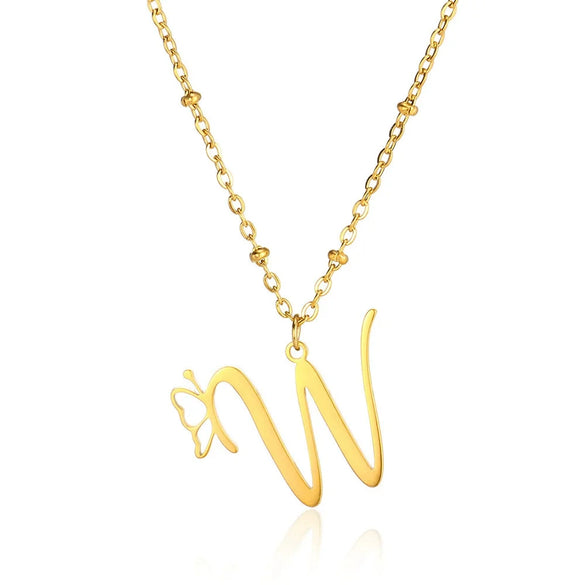 Stainless Steel Pendant Necklace With English Letters And Butterfly Design Electroplated For Women Wholesale