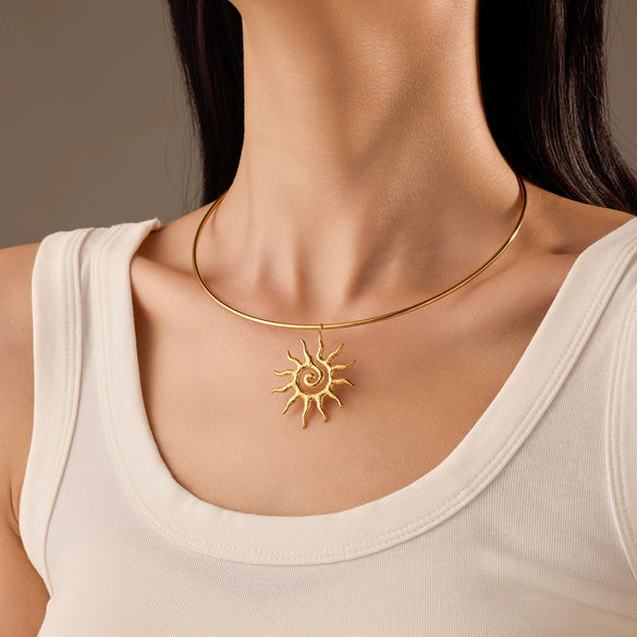 Stainless Steel Pendant Necklace With Small Sun Shape Electroplated Design For Women