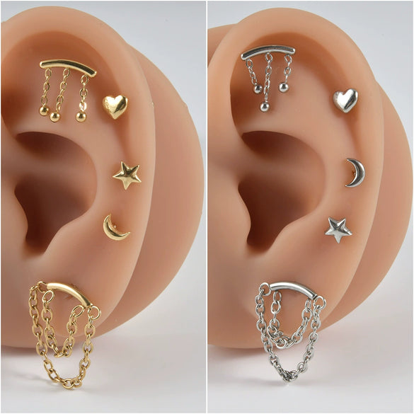 Stainless Steel Perforated Lip Nail Fivestar Heart Moon Chain Earrings Electroplated Simple Style