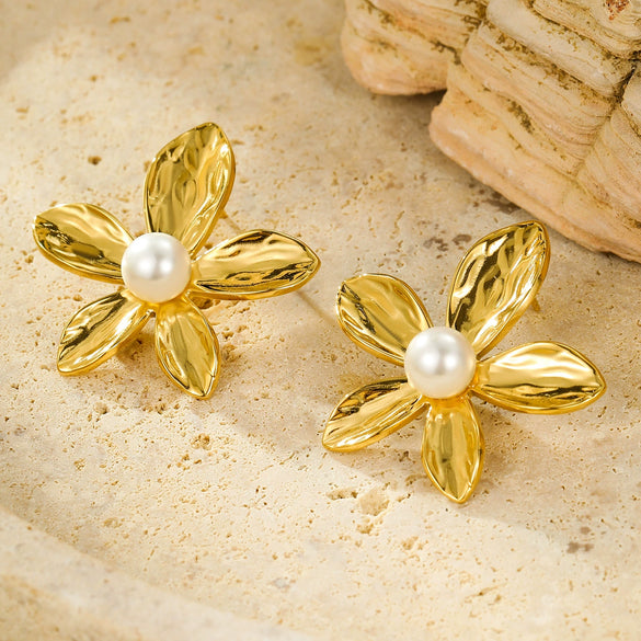 Stainless Steel Petal Texture Pearl Fashion Titanium Steel Earrings Jewelry Electroplated
