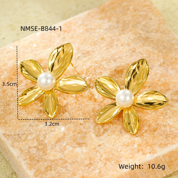 Stainless Steel Petal Texture Pearl Fashion Titanium Steel Earrings Jewelry Electroplated