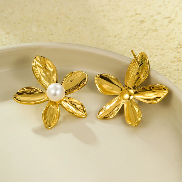 Stainless Steel Petal Texture Pearl Fashion Titanium Steel Earrings Jewelry Electroplated