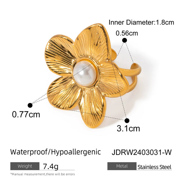 Stainless Steel Plain Open Bracelet With Pearl Flower Ring Electroplated Titanium Steel Jewelry