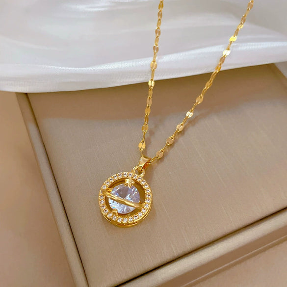 Stainless Steel Planet Geometric Cartoon Style Microencrusted Diamond Necklace For Women