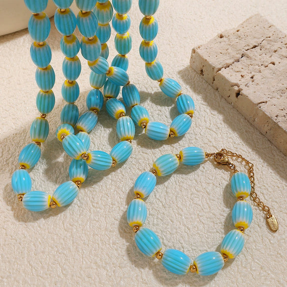 Stainless Steel Plated 18K Gold Ceramic Bead Necklace Bracelet For Women Fashion Style Electroplating