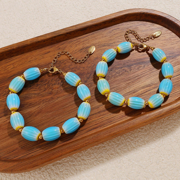 Stainless Steel Plated 18K Gold Ceramic Bead Necklace Bracelet For Women Fashion Style Electroplating