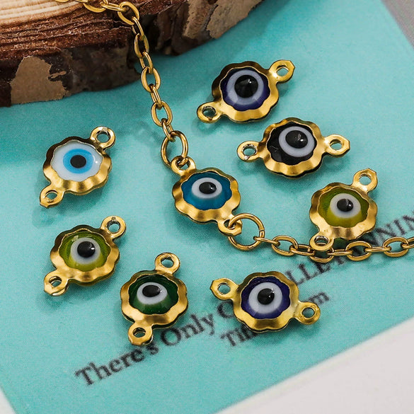 Stainless Steel Plated 18K Gold Doublesided Oil Drop Demon Eye Pendant Diy Connection Accessories Round Shape Electroplating Process