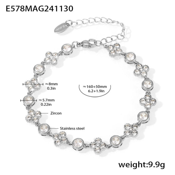 Stainless Steel Plum Blossom Round Hand Assembled Zircon Bracelet Plated With 18K Real Gold For Women