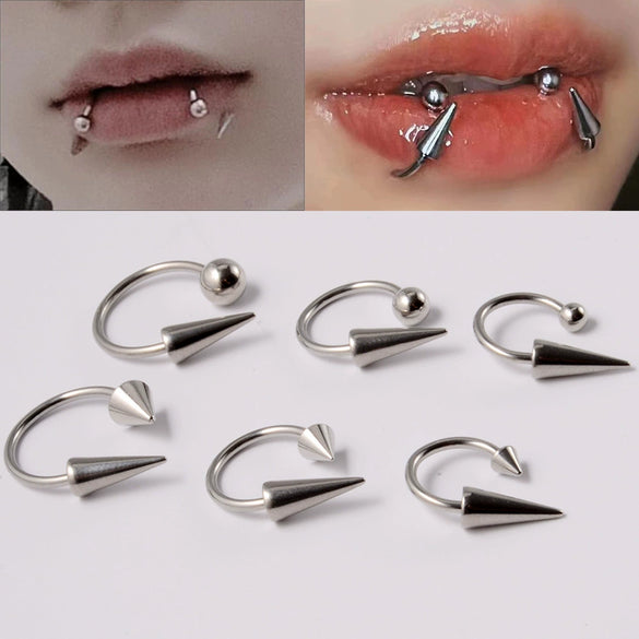 Stainless Steel Pointed Cone Horseshoe Lip Ring Nose Ring Ear Bone Ring Electroplated Punk Style Ornament