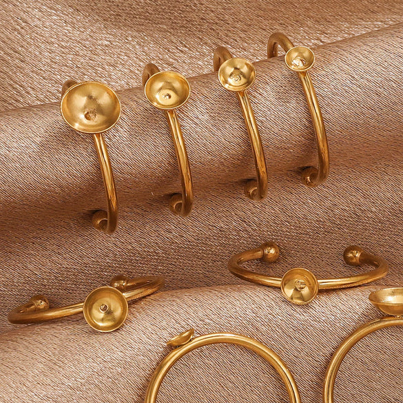 Stainless Steel Polished Round Ring Holder With 18K Gold Vacuum Electroplating And Diy Pearl Inlay