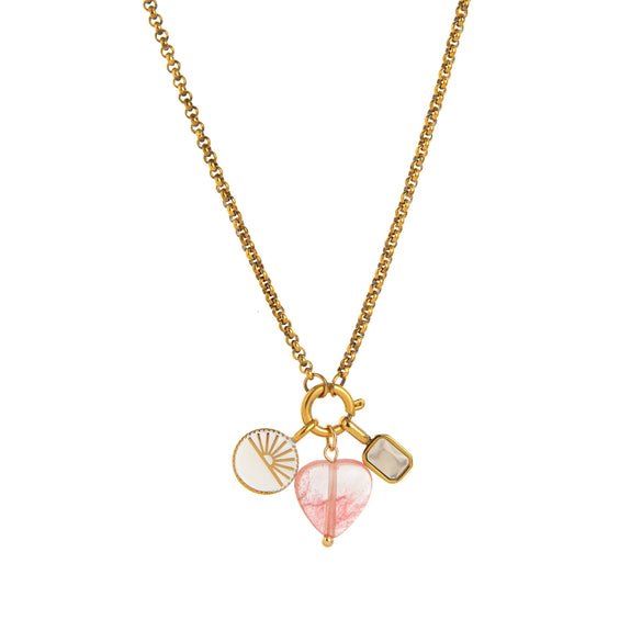 Stainless Steel Rainbow Zircon Love Pendant Necklace With Electroplating