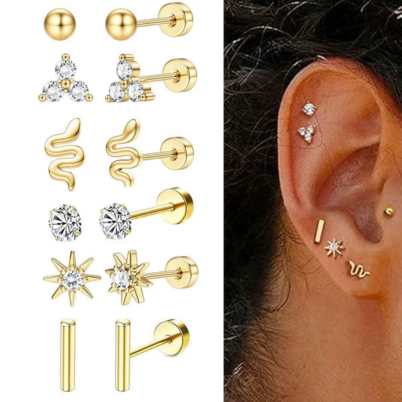 Stainless Steel Real Gold Electroplated Cartoon Heart Shape Zircon Inlaid Earrings Set