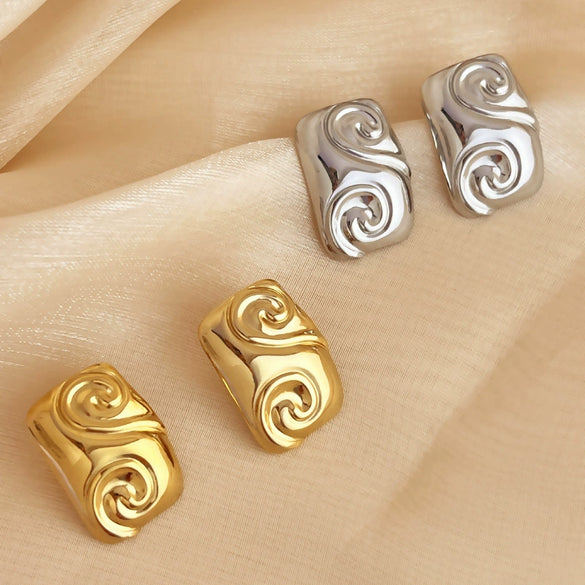 Stainless Steel Rectangular Heart Spiral Pattern Electroplating Design Earrings