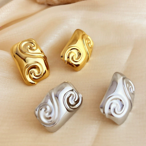 Stainless Steel Rectangular Heart Spiral Pattern Electroplating Design Earrings