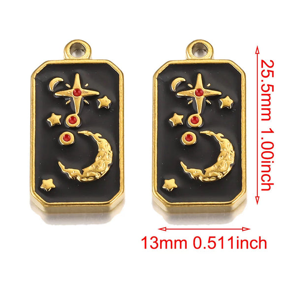 Stainless Steel Rectangular Tarot Card Starry Sky Fish Pattern Pendant Titanium Steel Enamel Palm Moon Tag Cartoon Style Diy Earrings Electroplated