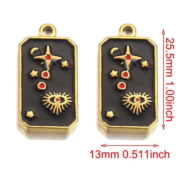 Stainless Steel Rectangular Tarot Card Starry Sky Fish Pattern Pendant Titanium Steel Enamel Palm Moon Tag Cartoon Style Diy Earrings Electroplated