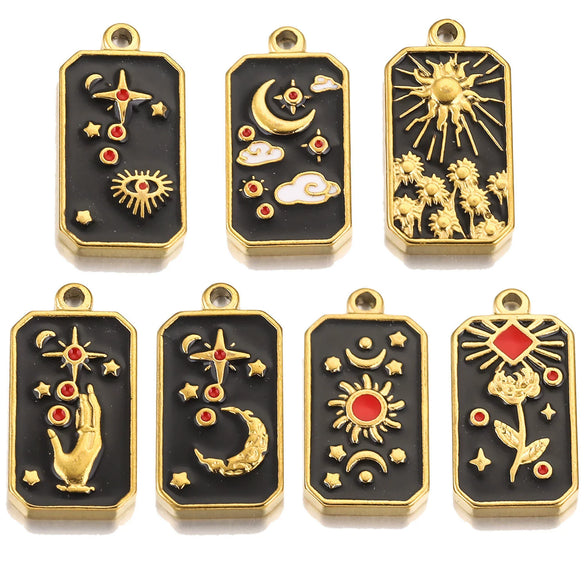 Stainless Steel Rectangular Tarot Card Starry Sky Fish Pattern Pendant Titanium Steel Enamel Palm Moon Tag Cartoon Style Diy Earrings Electroplated