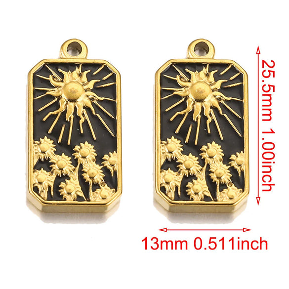 Stainless Steel Rectangular Tarot Card Starry Sky Fish Pattern Pendant Titanium Steel Enamel Palm Moon Tag Cartoon Style Diy Earrings Electroplated