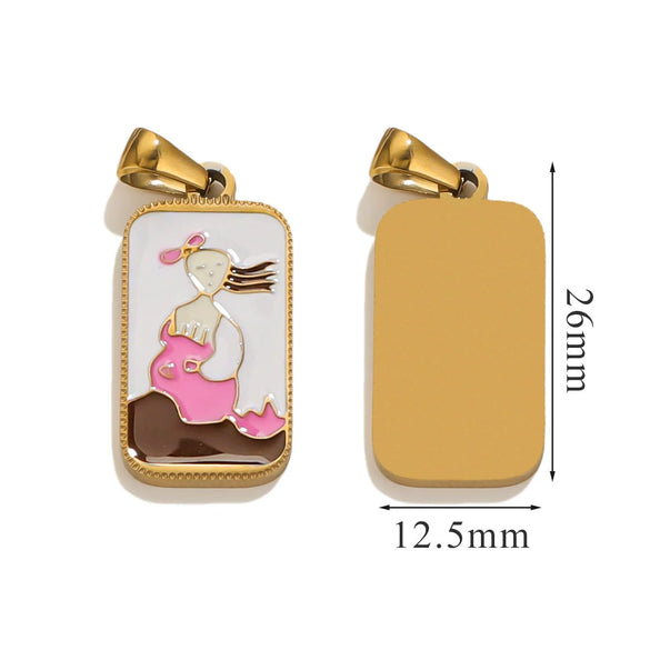 Stainless Steel Rectangular Tarot Star Pendant With Fish Pattern Enamel Palm Moon Tag Electroplated Cartoon Style Diy Necklace
