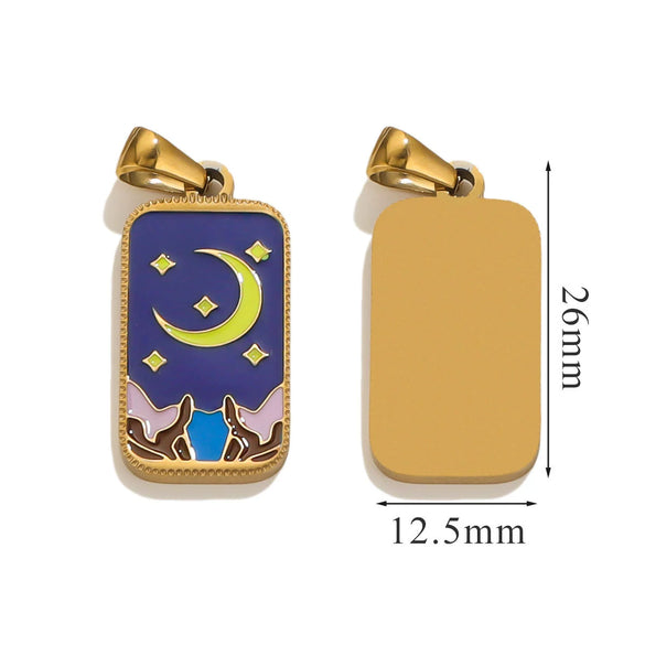 Stainless Steel Rectangular Tarot Star Pendant With Fish Pattern Enamel Palm Moon Tag Electroplated Cartoon Style Diy Necklace