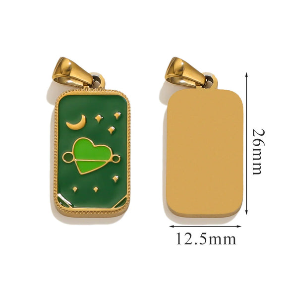 Stainless Steel Rectangular Tarot Star Pendant With Fish Pattern Enamel Palm Moon Tag Electroplated Cartoon Style Diy Necklace