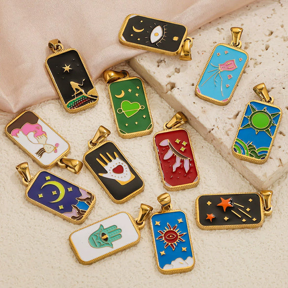 Stainless Steel Rectangular Tarot Star Pendant With Fish Pattern Enamel Palm Moon Tag Electroplated Cartoon Style Diy Necklace