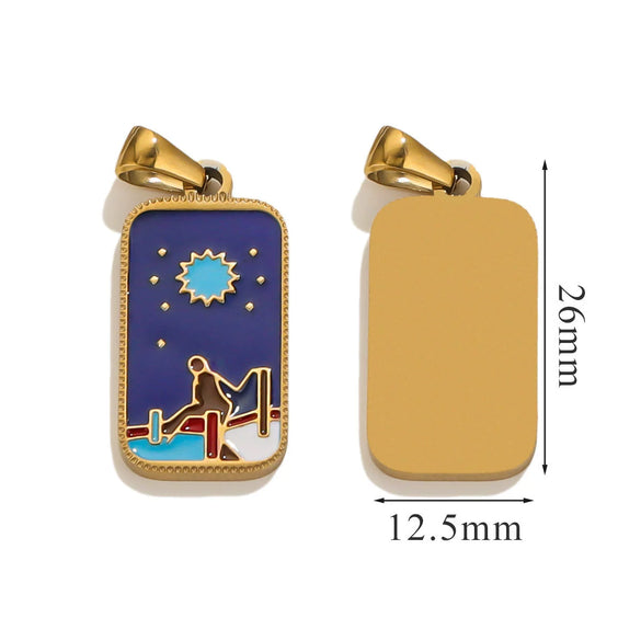 Stainless Steel Rectangular Tarot Star Pendant With Fish Pattern Enamel Palm Moon Tag Electroplated Cartoon Style Diy Necklace
