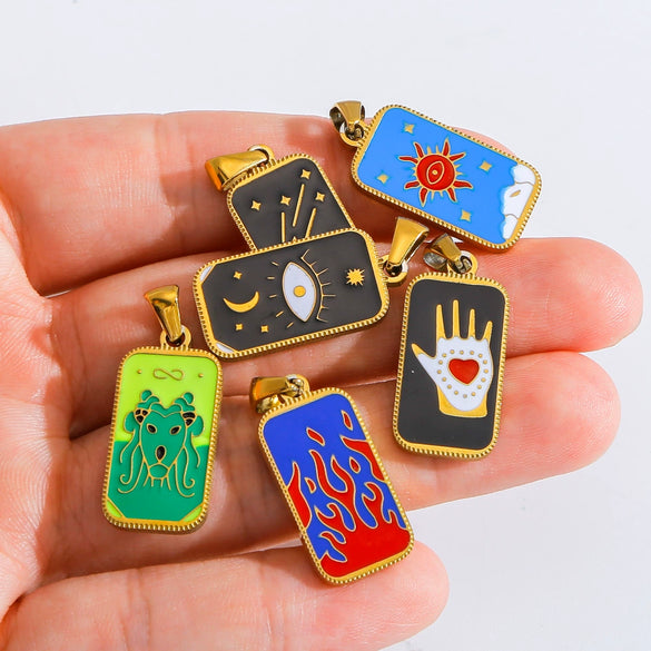 Stainless Steel Rectangular Tarot Starry Sky Pendant With Vacuum Plated And Dripping Oil Process Diy Necklace