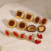 Stainless Steel Red Agate Zircon Geometric Earrings With Electroplating For Women