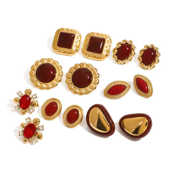 Stainless Steel Red Agate Zircon Geometric Earrings With Electroplating For Women